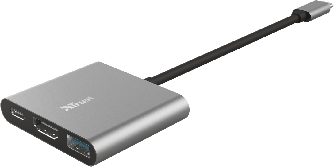 Ezüst hub HDMI, USB és USB-C portokkal, fekete kábelhez csatlakoztatva.
