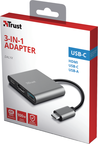 Ezüst 3 az 1-ben adapter doboz HDMI, USB-C és USB-A portokkal, Trust felirattal. A doboz piros és fehér.
