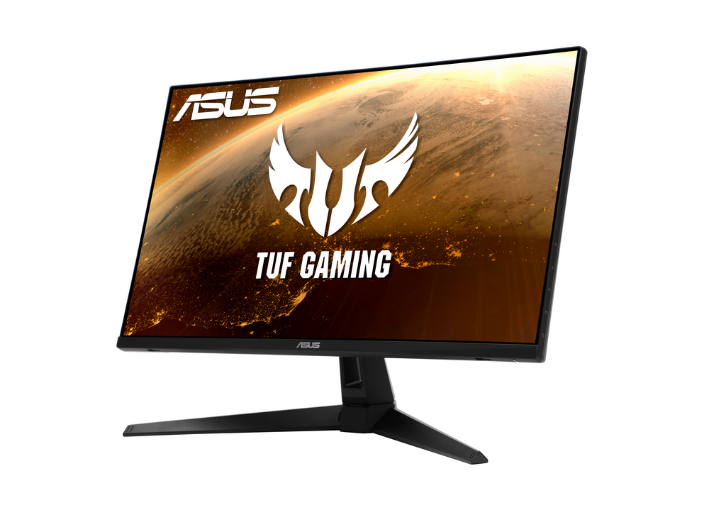 Monitor de juegos ASUS TUF negro sobre fondo blanco. La pantalla muestra un logo.