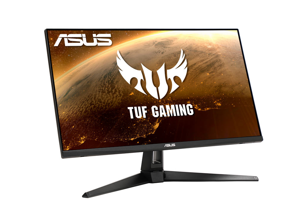 Monitor Asus TUF Gaming mostrando una imagen del juego. Base negra, marco negro.
