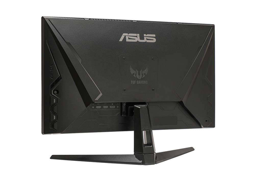 Parte trasera de un monitor de computadora negro. Tiene la marca ASUS en la parte superior y un soporte en la inferior.