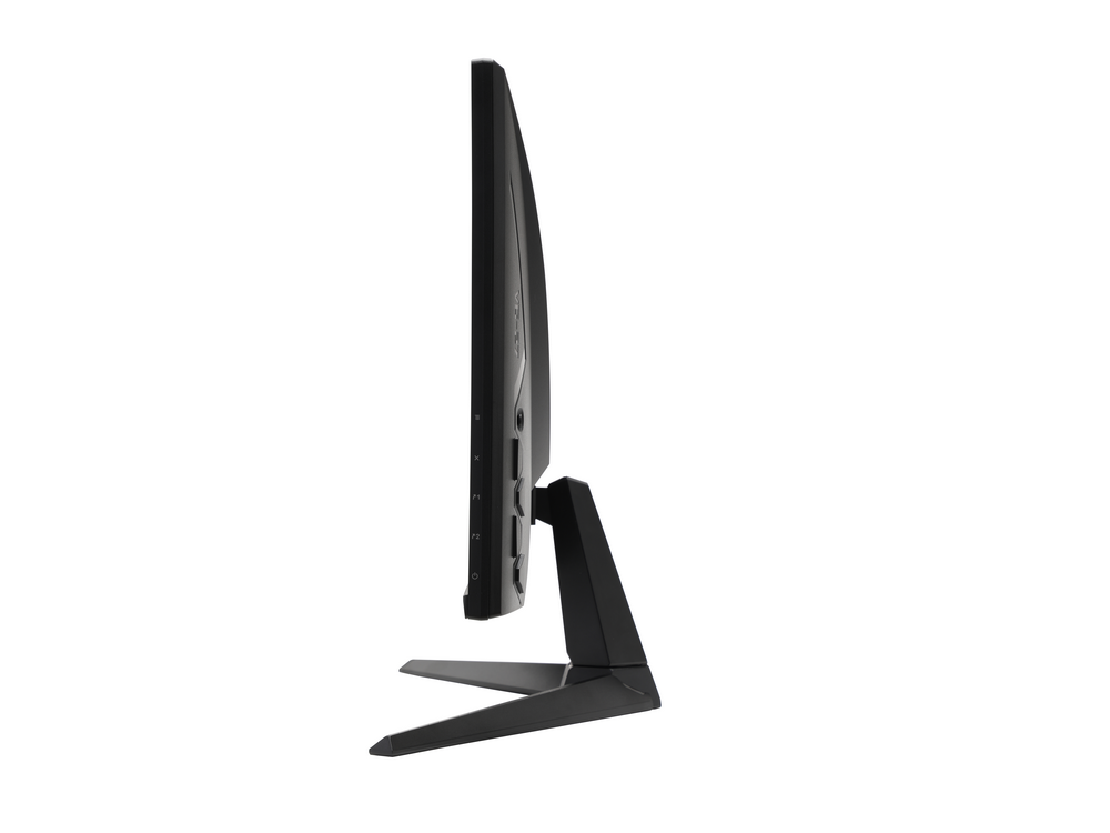 Vista lateral de un monitor negro con soporte, mostrando una pantalla negra y diseño elegante.