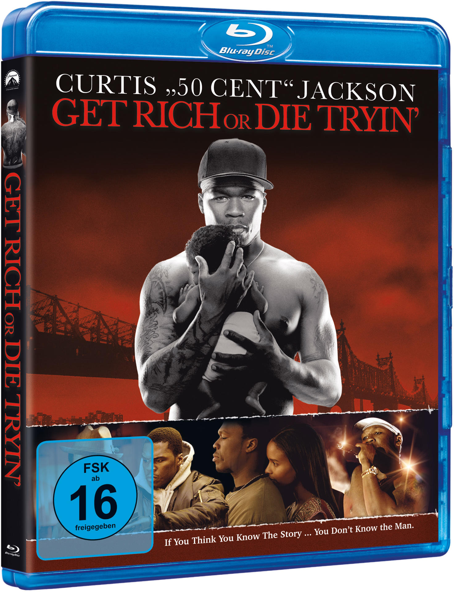 DVD-Cover von "Get Rich or Die Tryin'" mit 50 Cent, der ein Baby hält, mit Stadtkulisse.