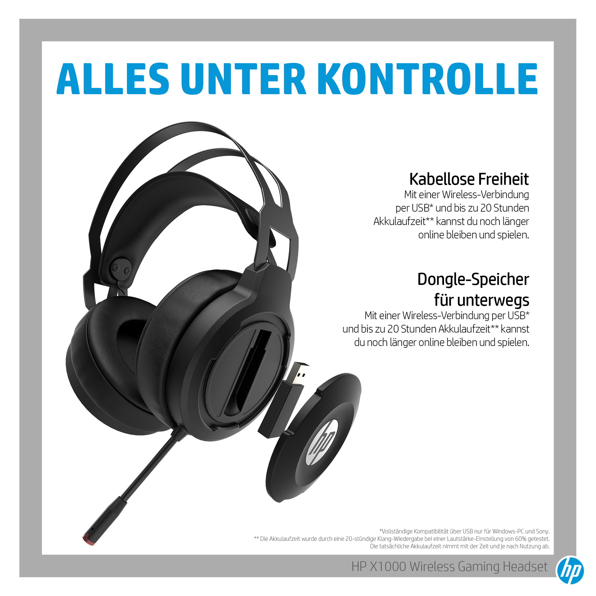 Schwarzes Gaming-Headset mit Mikrofon und Dongle. Text 'Alles unter Kontrolle' sichtbar.