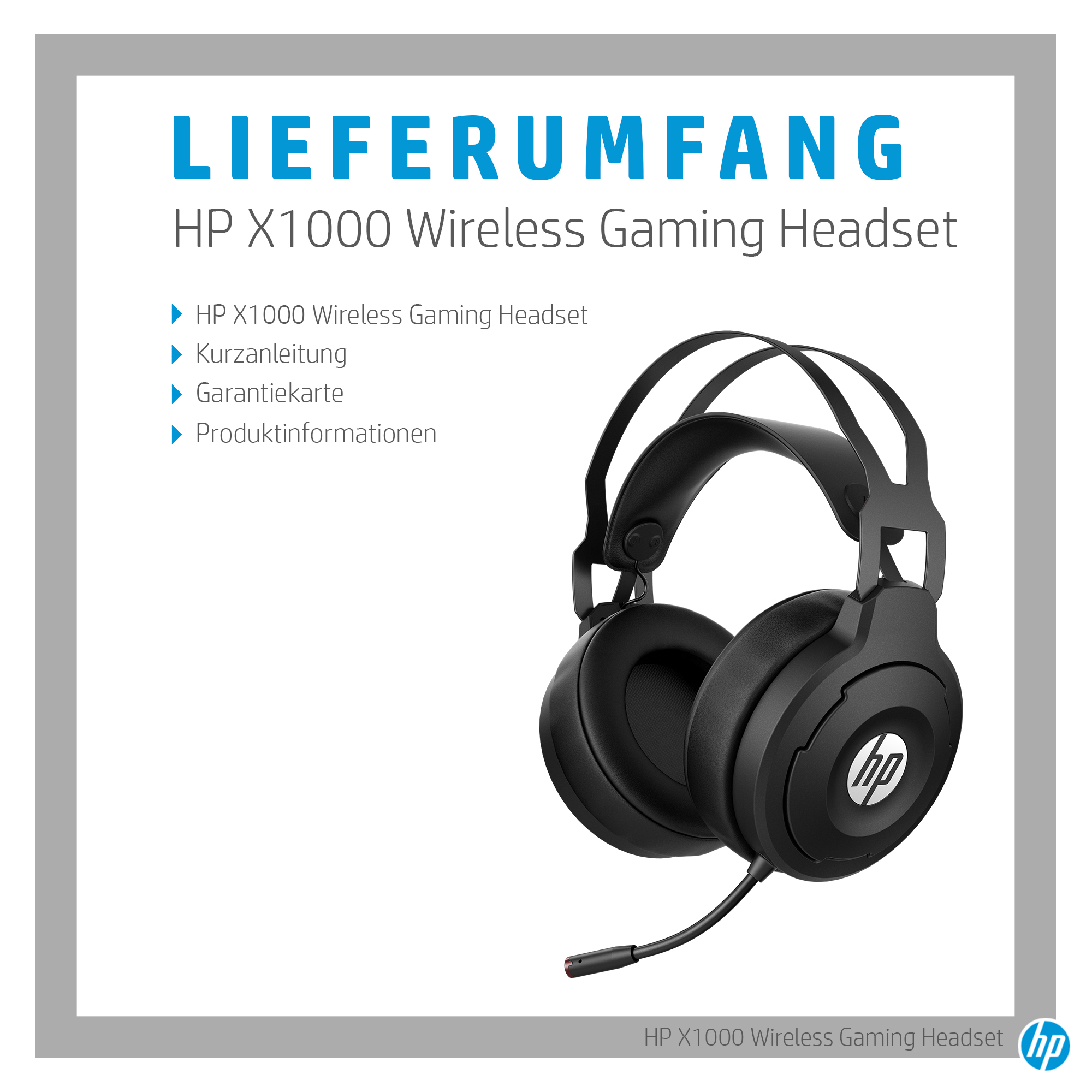 HP X1000 Wireless Gaming Headset. Das Bild zeigt das Headset und Informationen.