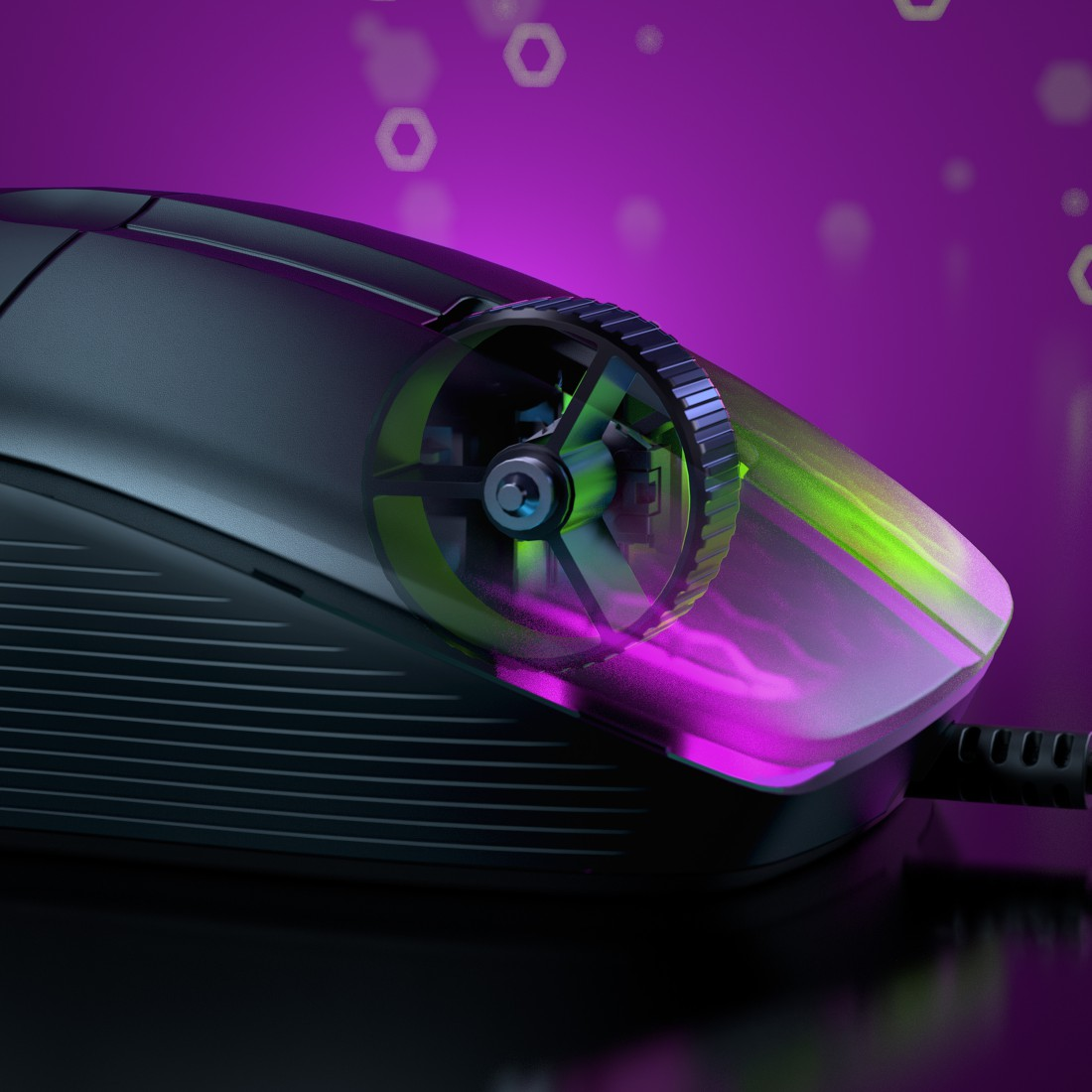 Nahaufnahme einer Gaming-Maus. Schwarz und Grau mit beleuchtetem Rad.