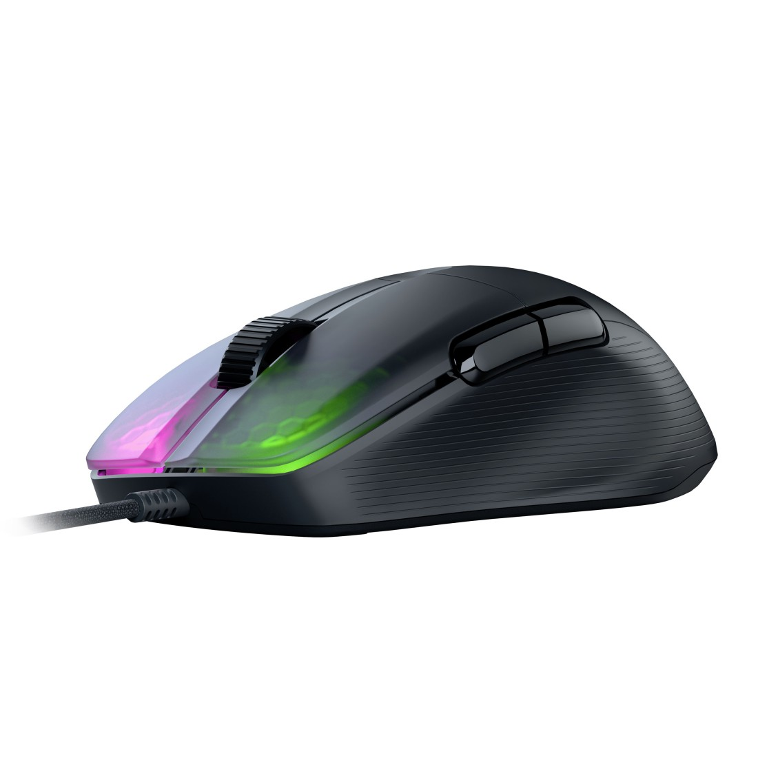 Eine schwarze Gaming-Maus mit bunten, leuchtenden Lichtern. Sie hat ein Kabel.