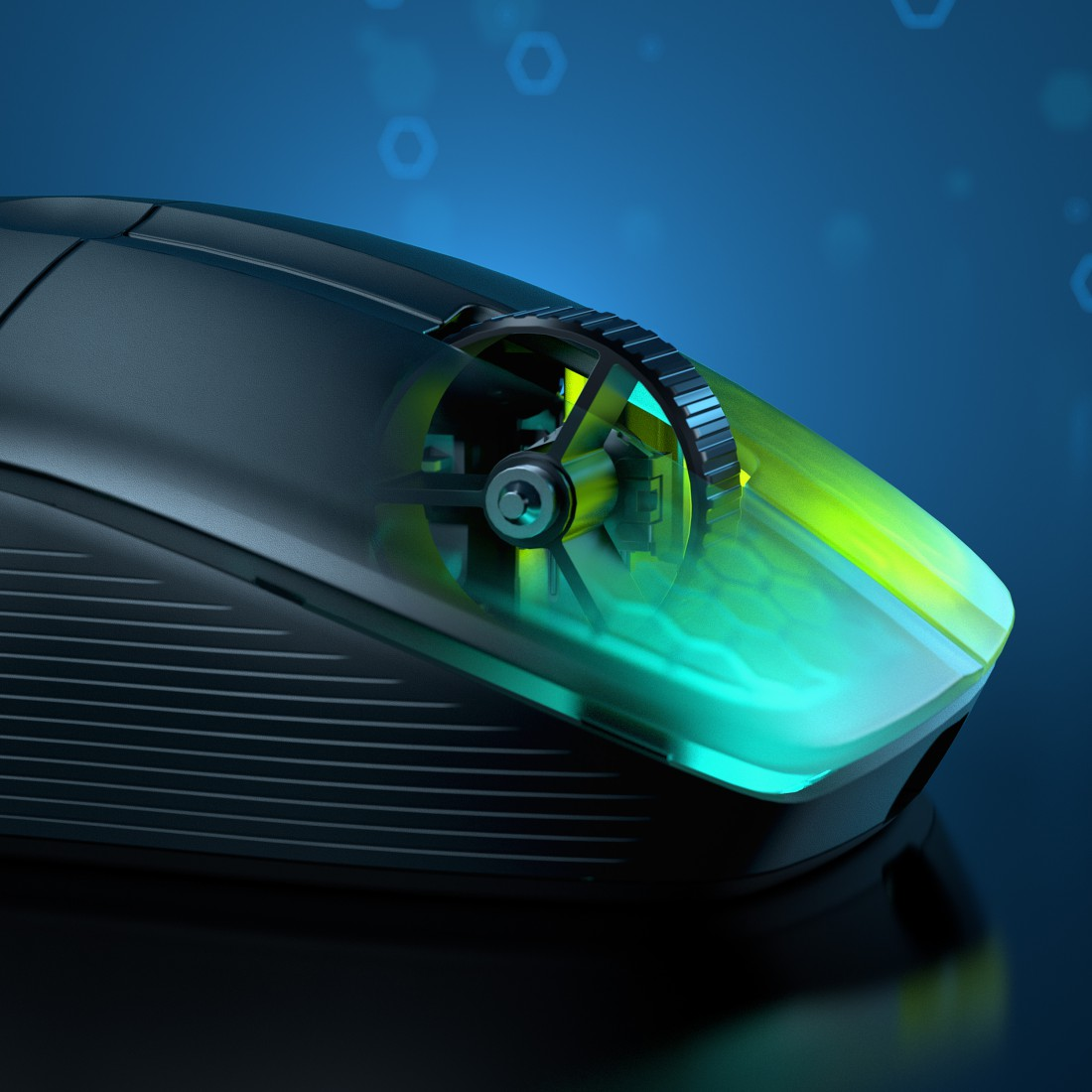 Gaming-Maus mit transparentem Bereich und grün-gelben Lichtern. Schwarzer Hintergrund.