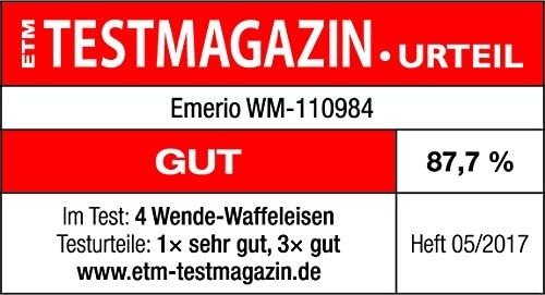 Ein rot-weißes Etikett mit Text über ein Waffeleisen, einschließlich Testergebnis.