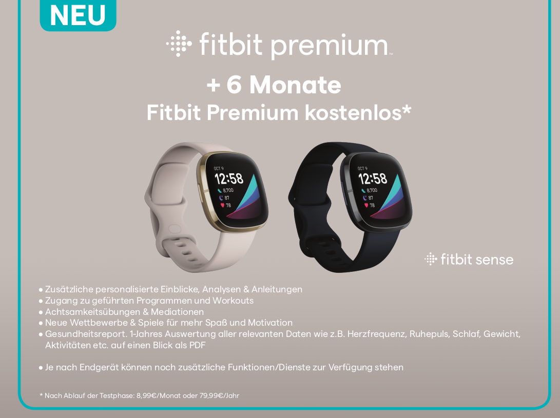 Annuncio Fitbit premium. Vengono visualizzati due smartwatch, con testo su funzionalità e vantaggi.