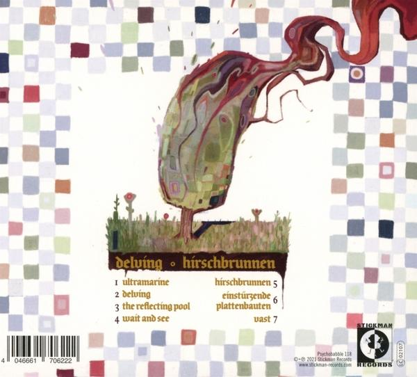 Die Rückseite einer CD mit einem farbenfrohen abstrakten Design mit Textelementen.