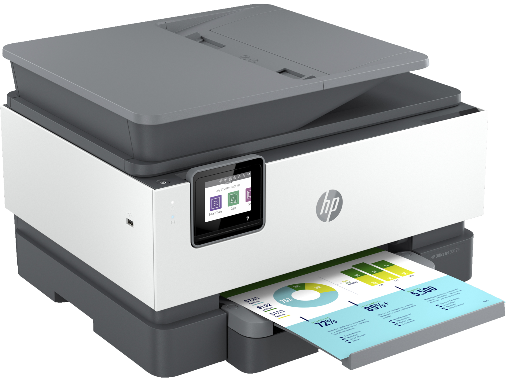 Une imprimante multifonction HP imprimant un document. L'imprimante est blanche et grise.