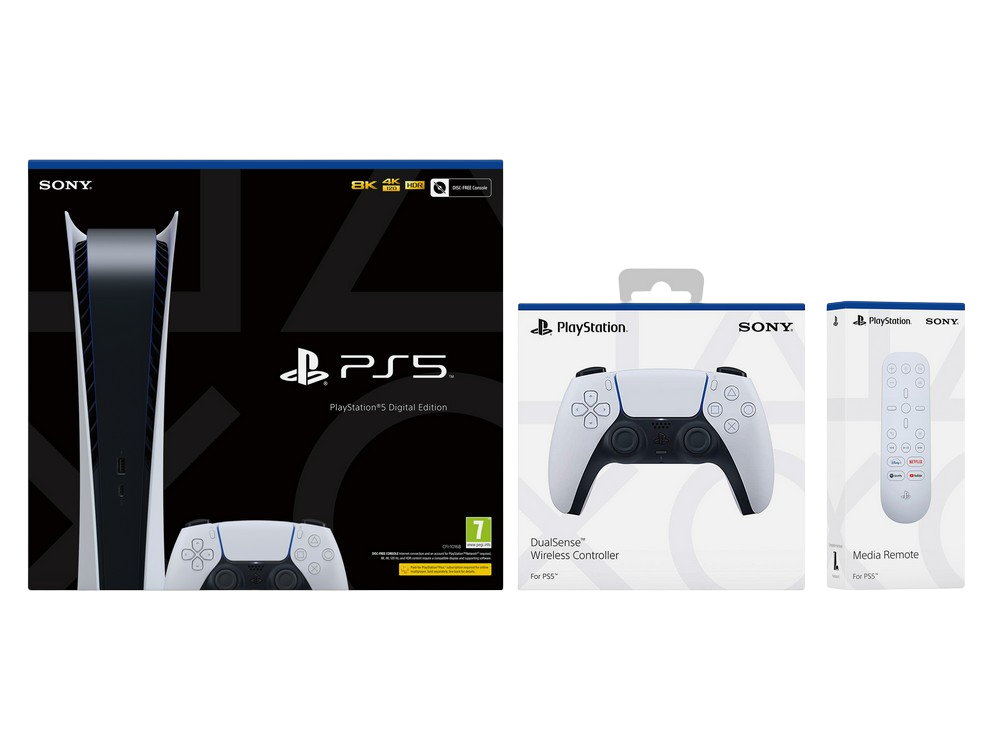 Consola - Sony PS5 Digital Edition, 825 GB, 4K, HDR, Blanco + Sony PS5 DualSense + Sony Media Remote