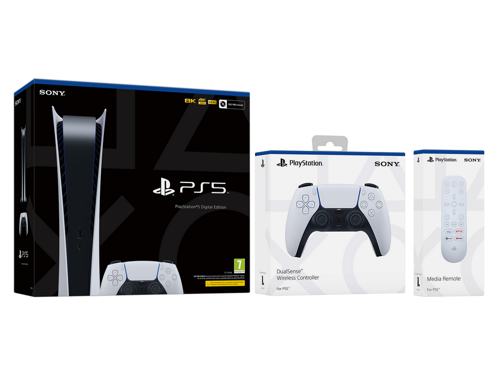 Consola - Sony PS5 Digital Edition, 825 GB, 4K, HDR, Blanco + Sony PS5 DualSense + Sony Media Remote