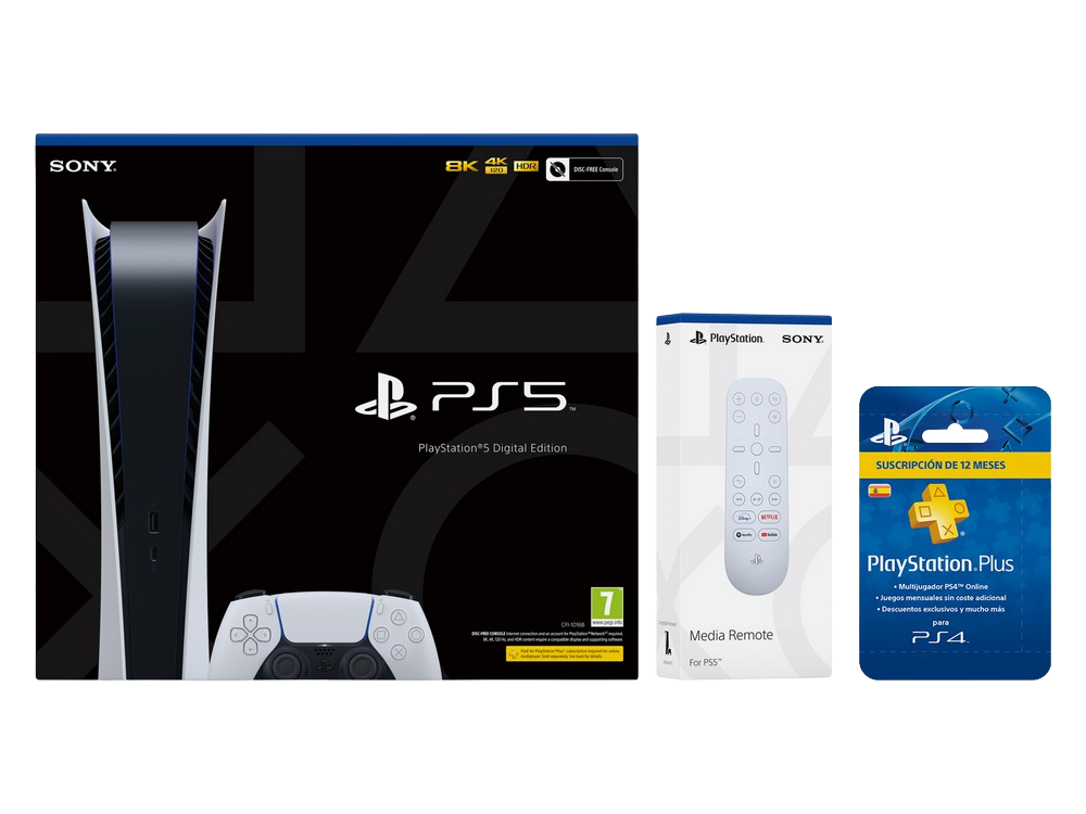 Consola - Sony PS5 Digital Edition, 825 GB, 4K, HDR, Blanco + Media Remote + PlayStation Plus Card 12 meses
