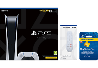 Consola - Sony PS5 Digital Edition, 825 GB, 4K, HDR, Blanco + Media Remote + PlayStation Plus Card 12 meses