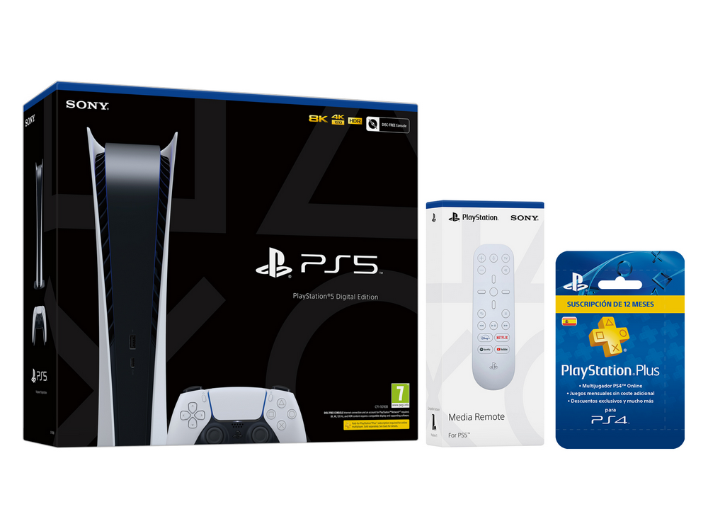 Consola - Sony PS5 Digital Edition, 825 GB, 4K, HDR, Blanco + Media Remote + PlayStation Plus Card 12 meses