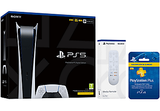 Consola - Sony PS5 Digital Edition, 825 GB, 4K, HDR, Blanco + Media Remote + PlayStation Plus Card 12 meses