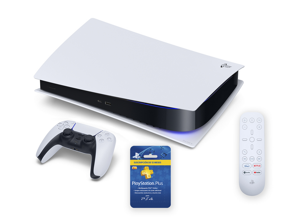 Consola - Sony PS5 Digital Edition, 825 GB, 4K, HDR, Blanco + Media Remote + PlayStation Plus Card 12 meses