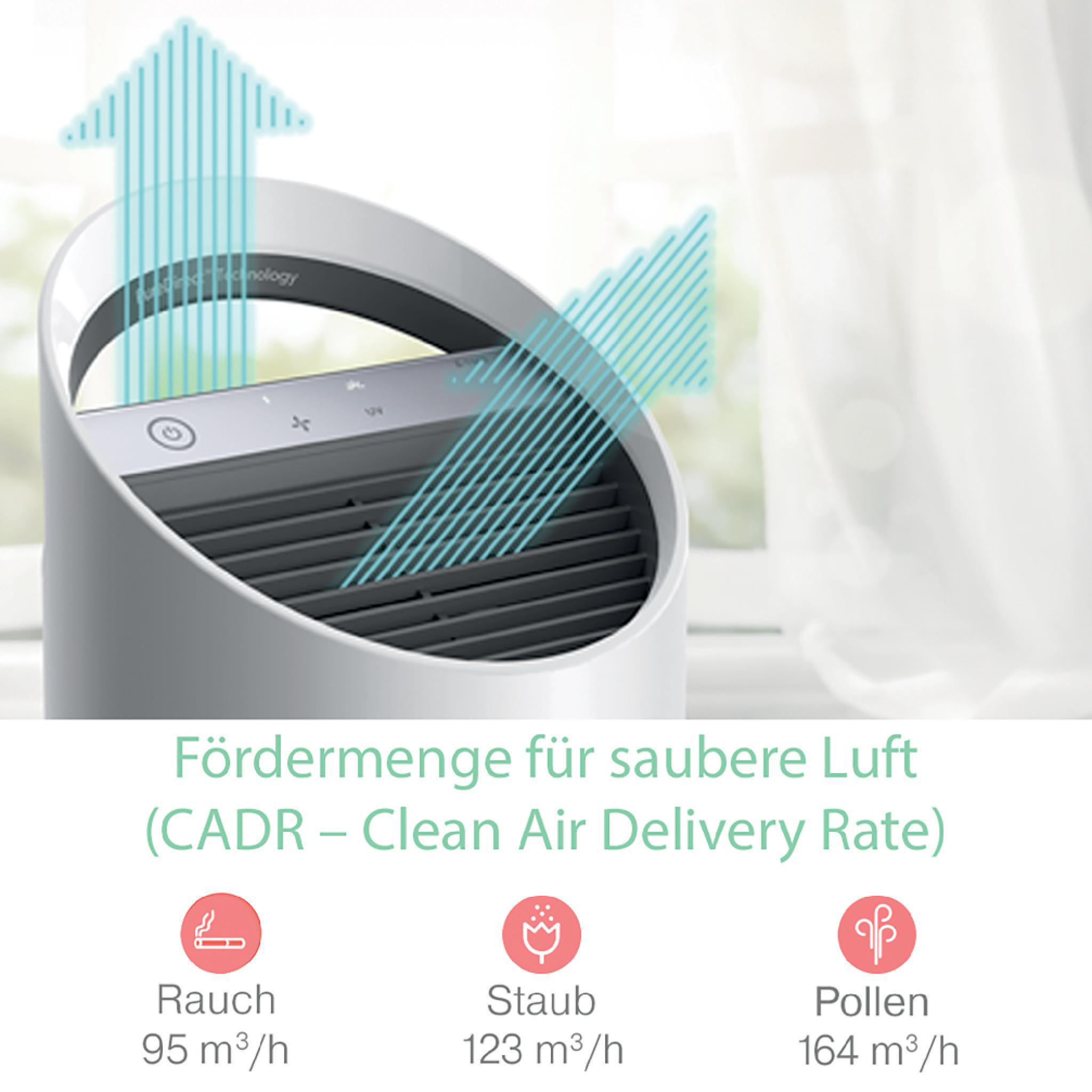 Luftreiniger mit Pfeilen, die den Luftstrom anzeigen. Text: Förder...Luft. Symbole für Rauch, Staub, Pollen.