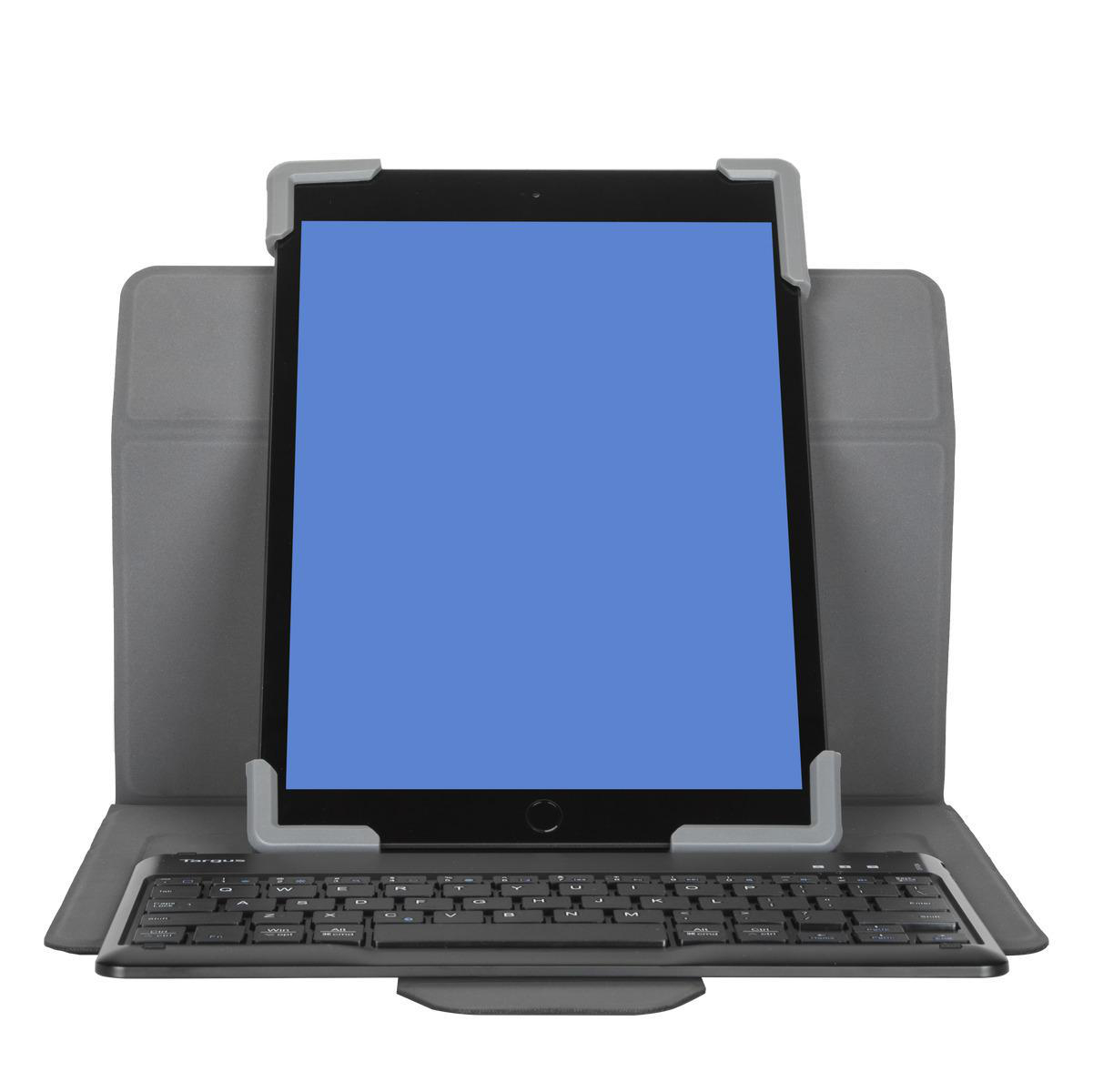 Tablet mit Tastaturhülle, Tablet grau umrandet, Bildschirm blau, Tastatur unten.