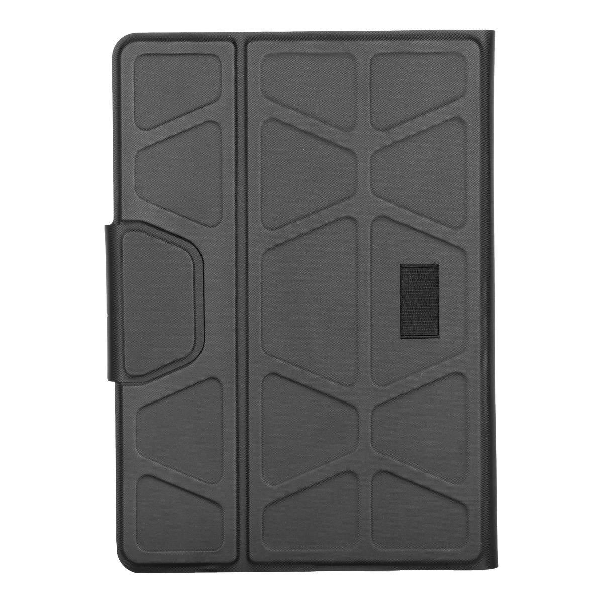 Schwarze Tablet-Hülle mit geometrischem Muster und einem Riemen.