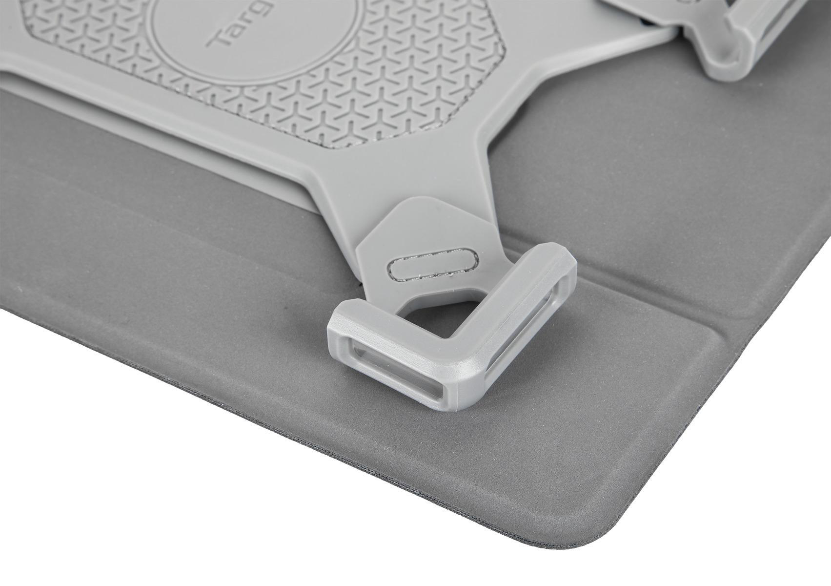 Ein grauer Tablet-Ständer mit Targus-Logo, aus der oberen Ecke.