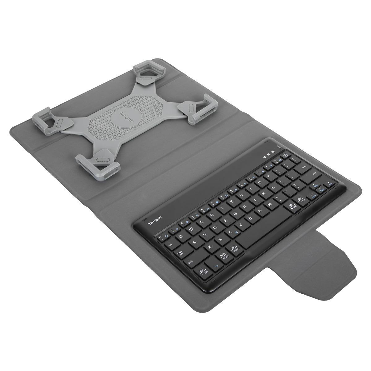 Tablet-Halterung und Tastatur-Kombi. Die Tablet-Halterung befindet sich über der Tastatur.