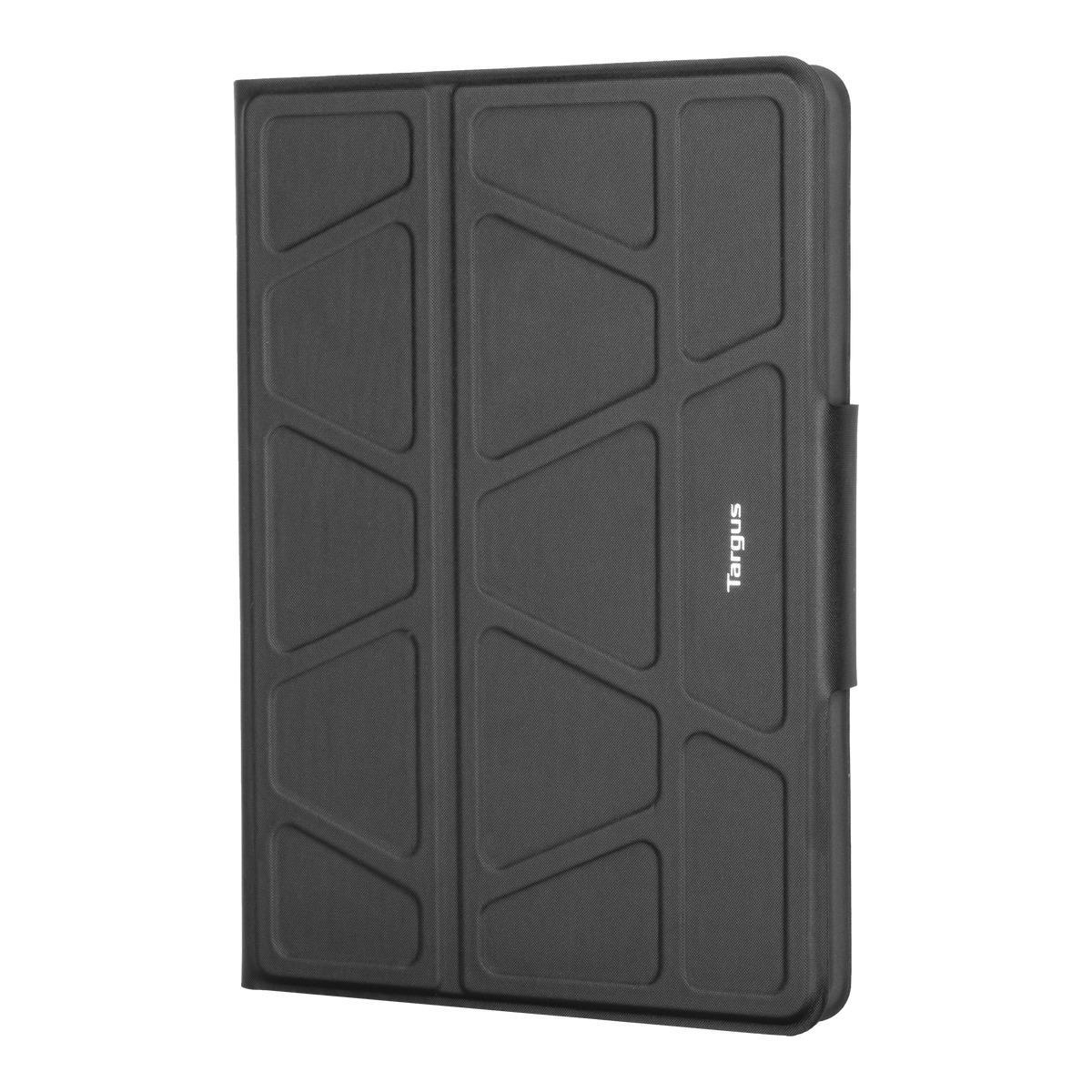 Schwarze Targus Tablet-Hülle. Geschlossen, mit geometrischen Linien. Weißer Hintergrund.
