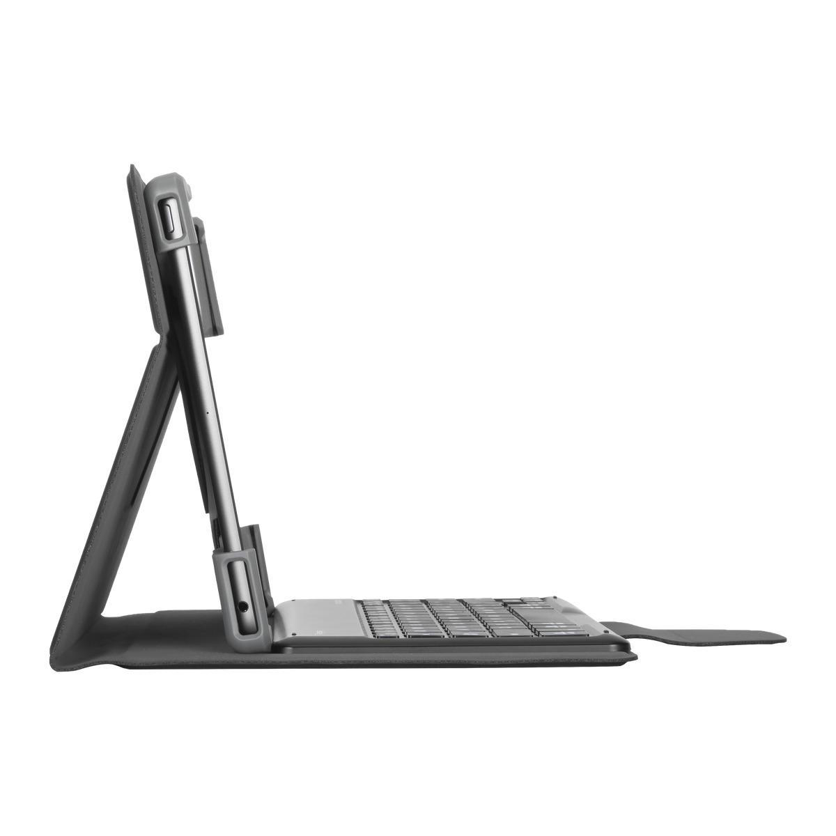 Graue Tablet- und Tastaturhülle. Das Tablet ist aufgestellt. Seitenansicht.