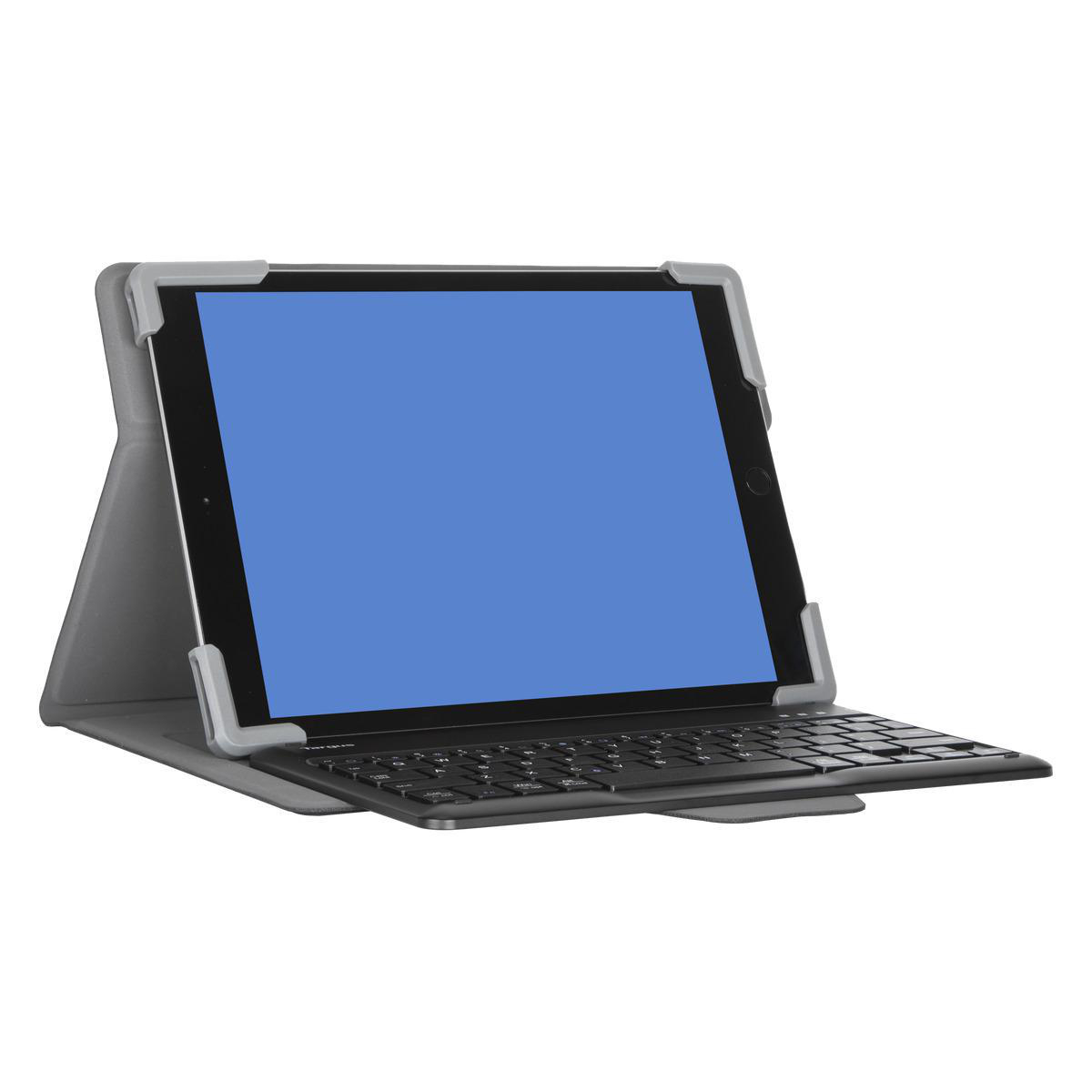 Ein offenes Tablet mit blauem Bildschirm in einem grauen Gehäuse mit angeschlossener schwarzer Tastatur.
