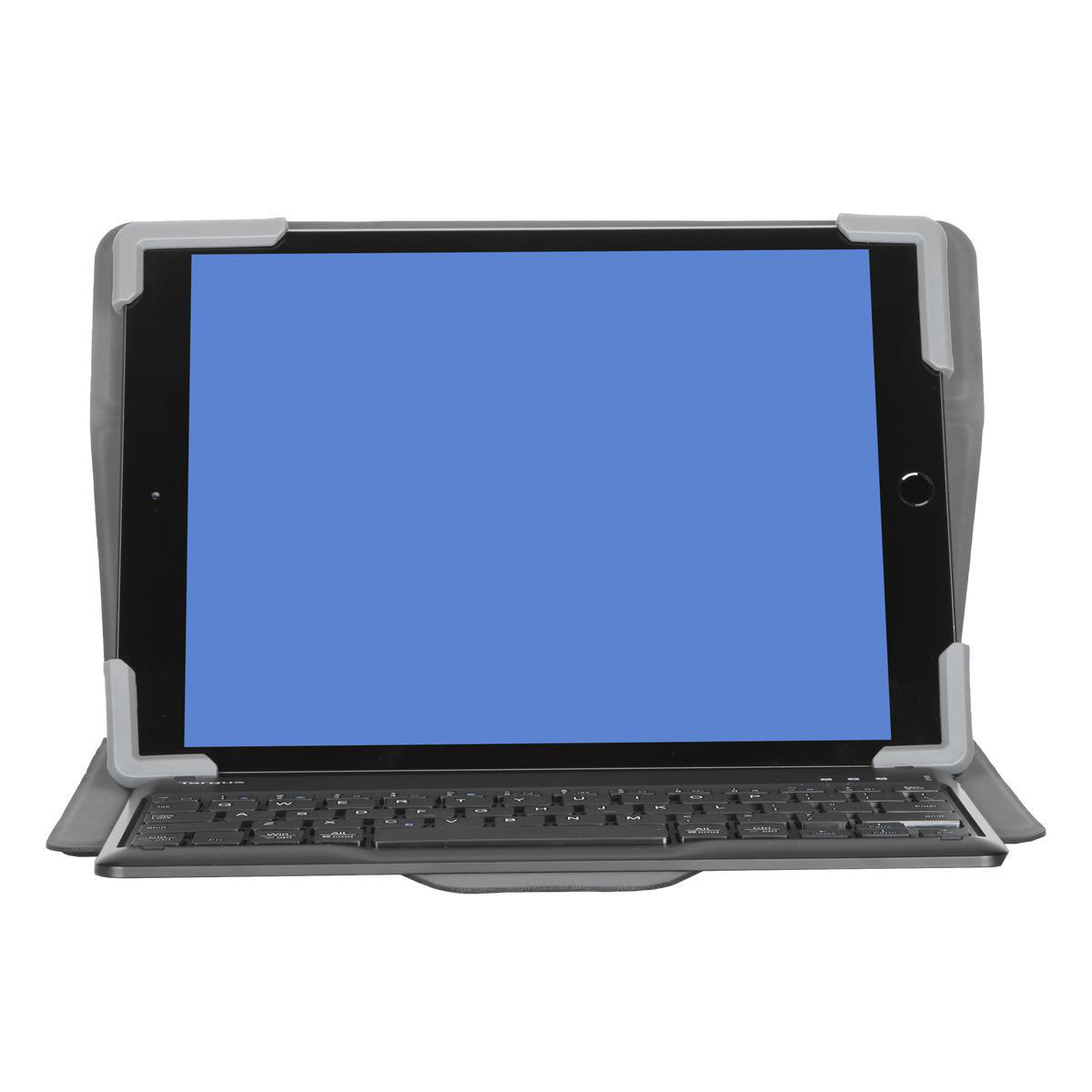Tablet mit blauem Bildschirm in einem grauen Gehäuse mit angeschlossener Tastatur. Der Hintergrund ist weiß.