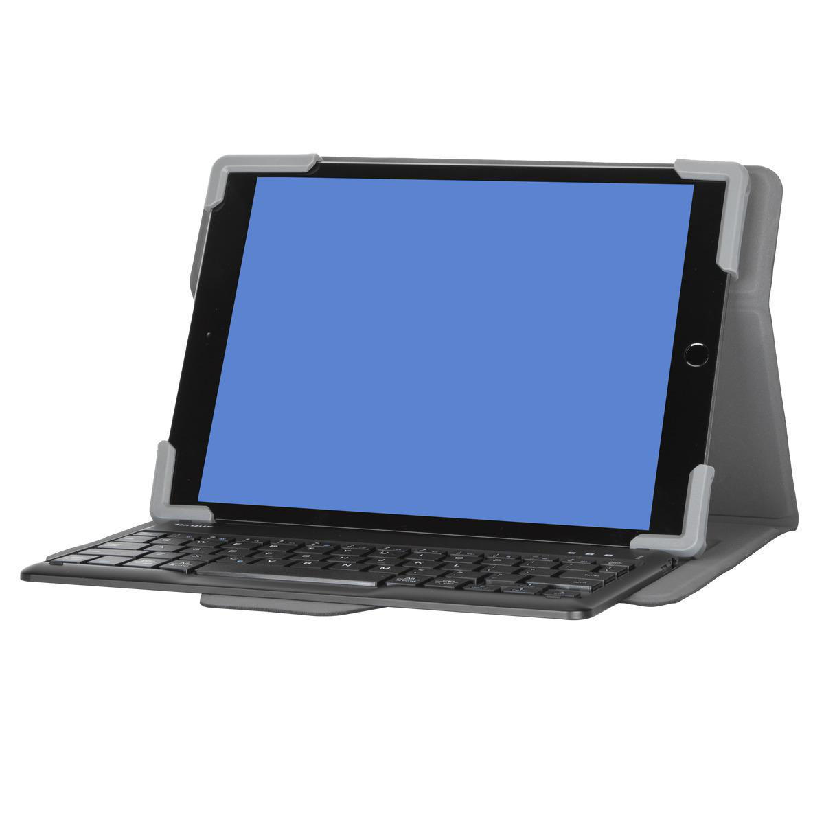 Tablet mit Tastaturhülle. Schwarzes Tablet mit blauem Bildschirm.