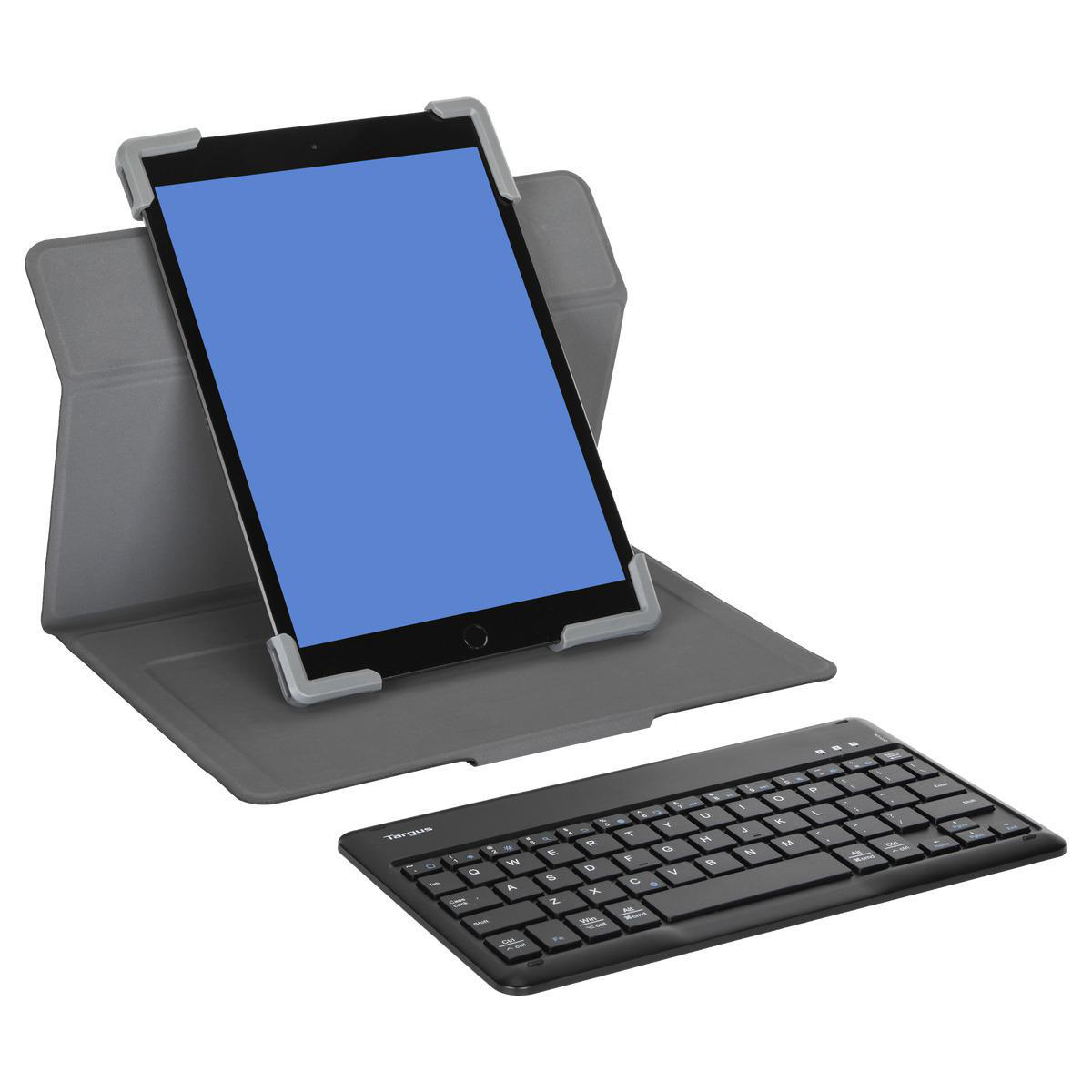 Tablet in Hülle mit Tastatur. Das Tablet ist blau auf einem grauen Ständer. Die Tastatur ist schwarz.