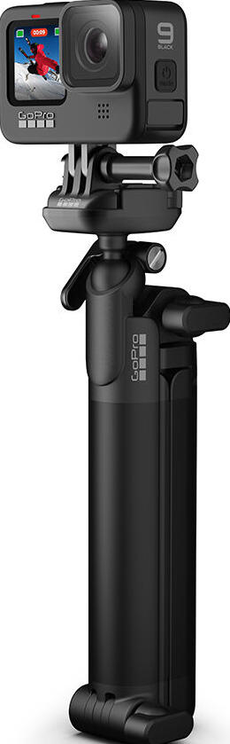 Caméra GoPro sur un support noir, avec un écran affichant une personne faisant du ski.