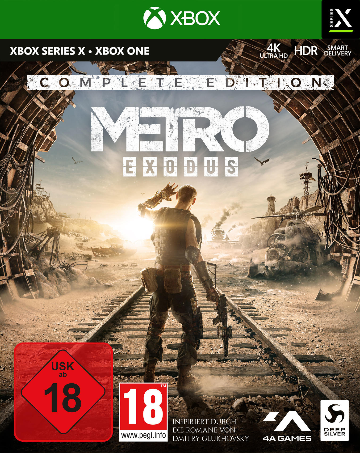 Spielbox. Mann mit einer Waffe auf einer Bahngleis. Der Titel lautet 'Metro Exodus'. Ein rotes USK 18 Logo.