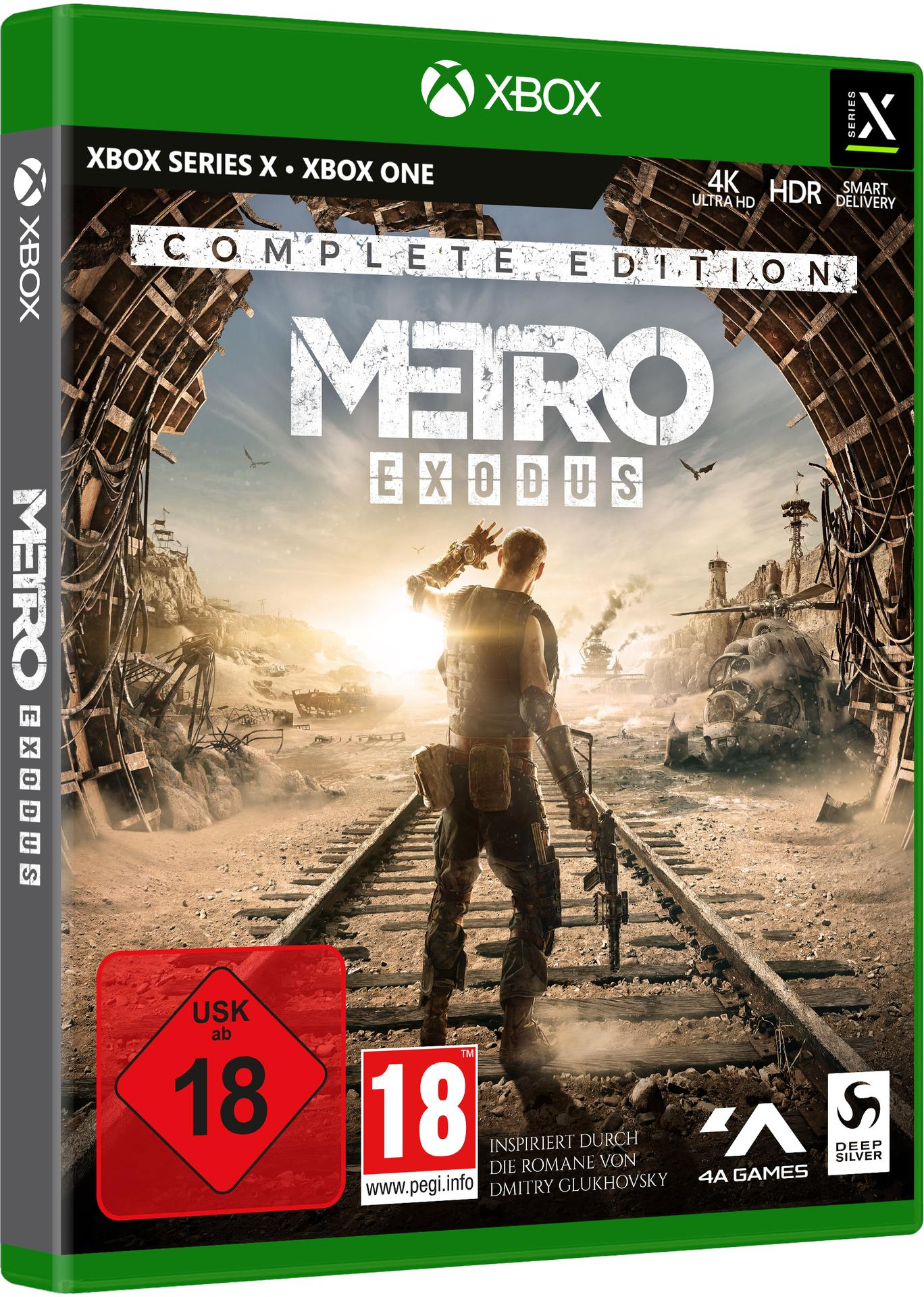 Spielboxcover mit Mann auf Bahngleisen, Titel 'Metro Exodus'.