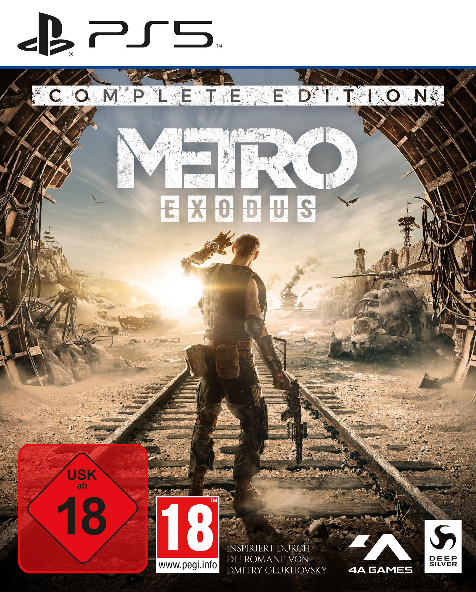 Videospiel-Cover. Mann in postapokalyptischer Ausrüstung mit einer Waffe, auf einem Bahngleis. Titel lautet 'Metro Exodus'.