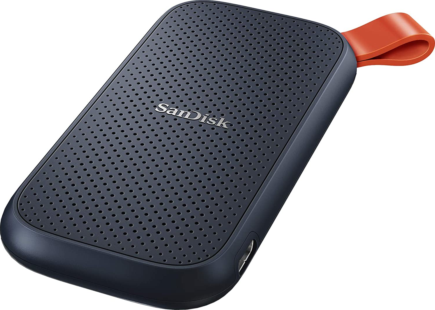 Schwarze und blaue SanDisk portable SSD, mit orangefarbenem Riemen, Draufsicht.
