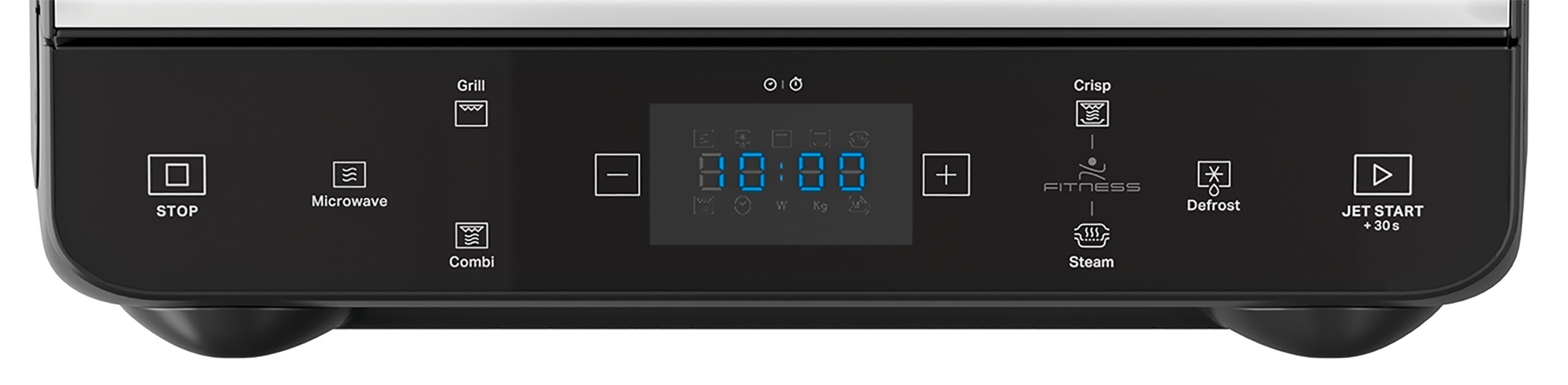 Een zwart bedieningspaneel van een magnetron met digitaal display en knoppen.