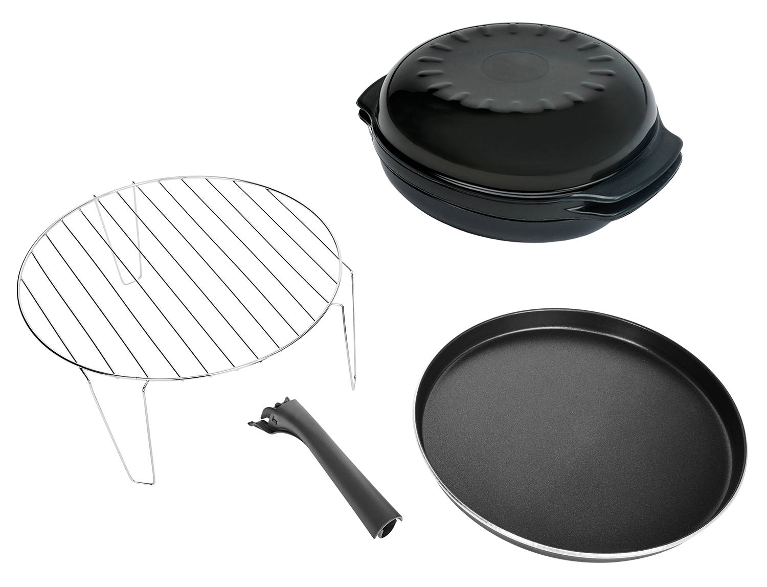 Zwarte kookset met grill, deksel, pan en handvat, tegen een witte achtergrond.