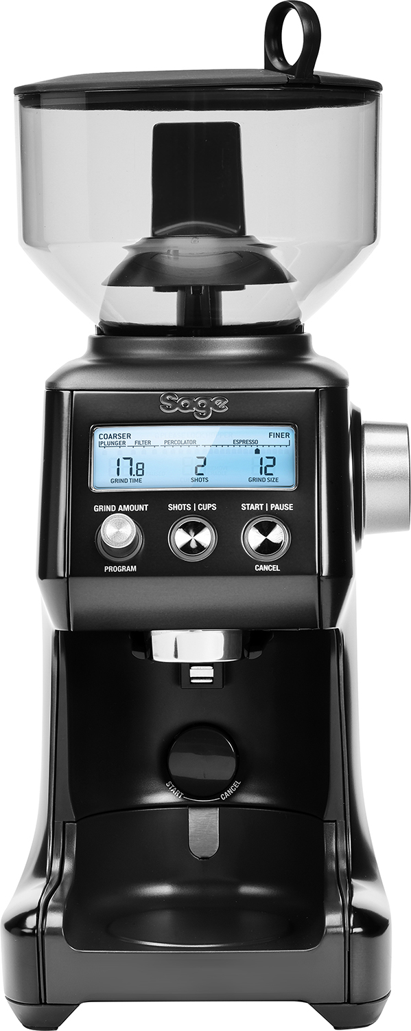 A black coffee grinder with digital display and multiple buttons.