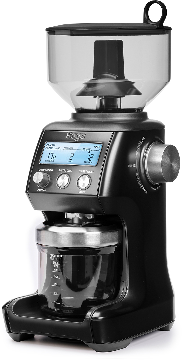 A black Sage coffee grinder with a digital display and a transparent bean hopper.