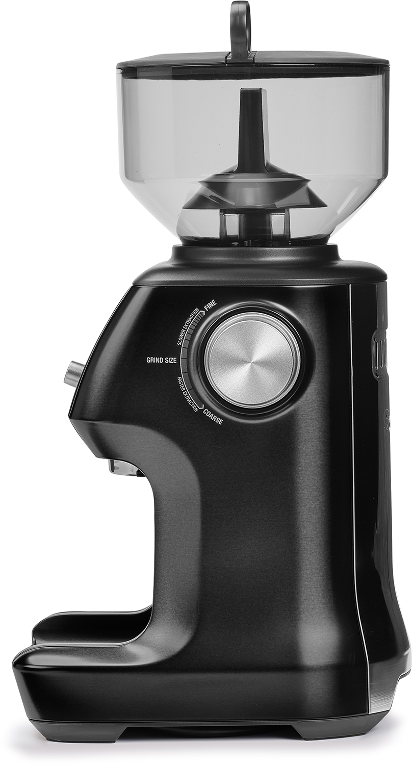 Black coffee grinder with a transparent bean container.