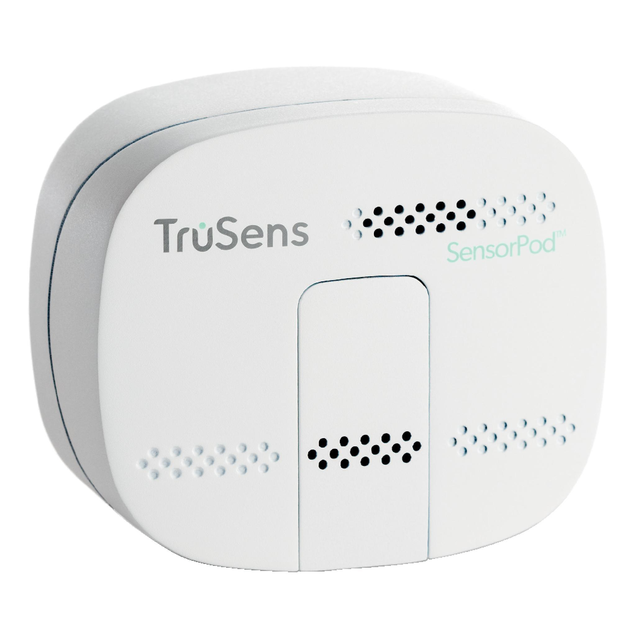 Weißes TruSens SensorPod-Gerät mit perforiertem Design. Es trägt den Markennamen.