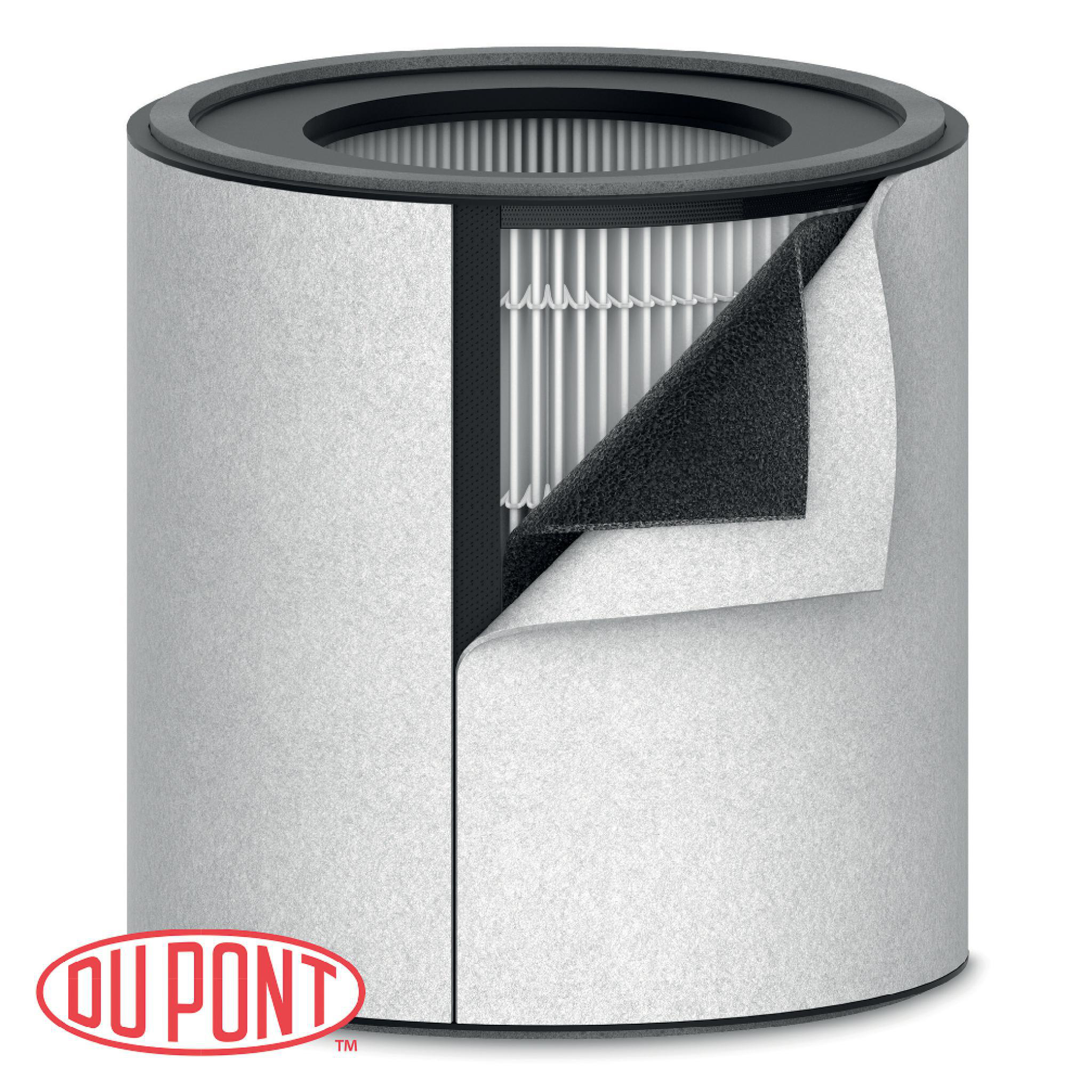 Luftfilter mit weißen und grauen Schichten. DuPont-Logo. Schnittansicht der Filterstruktur.