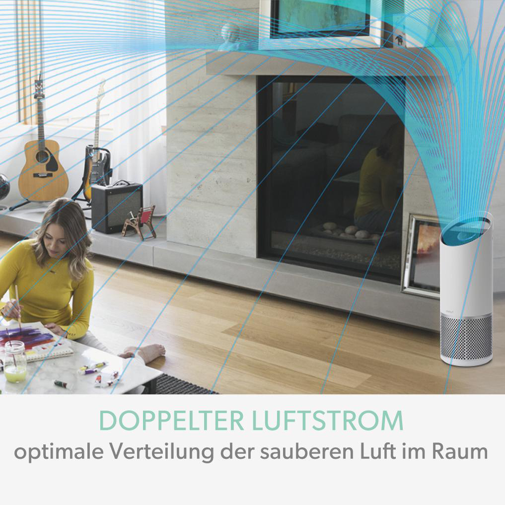 Ein Luftreiniger mit blauen Luftströmen um eine malende Frau.