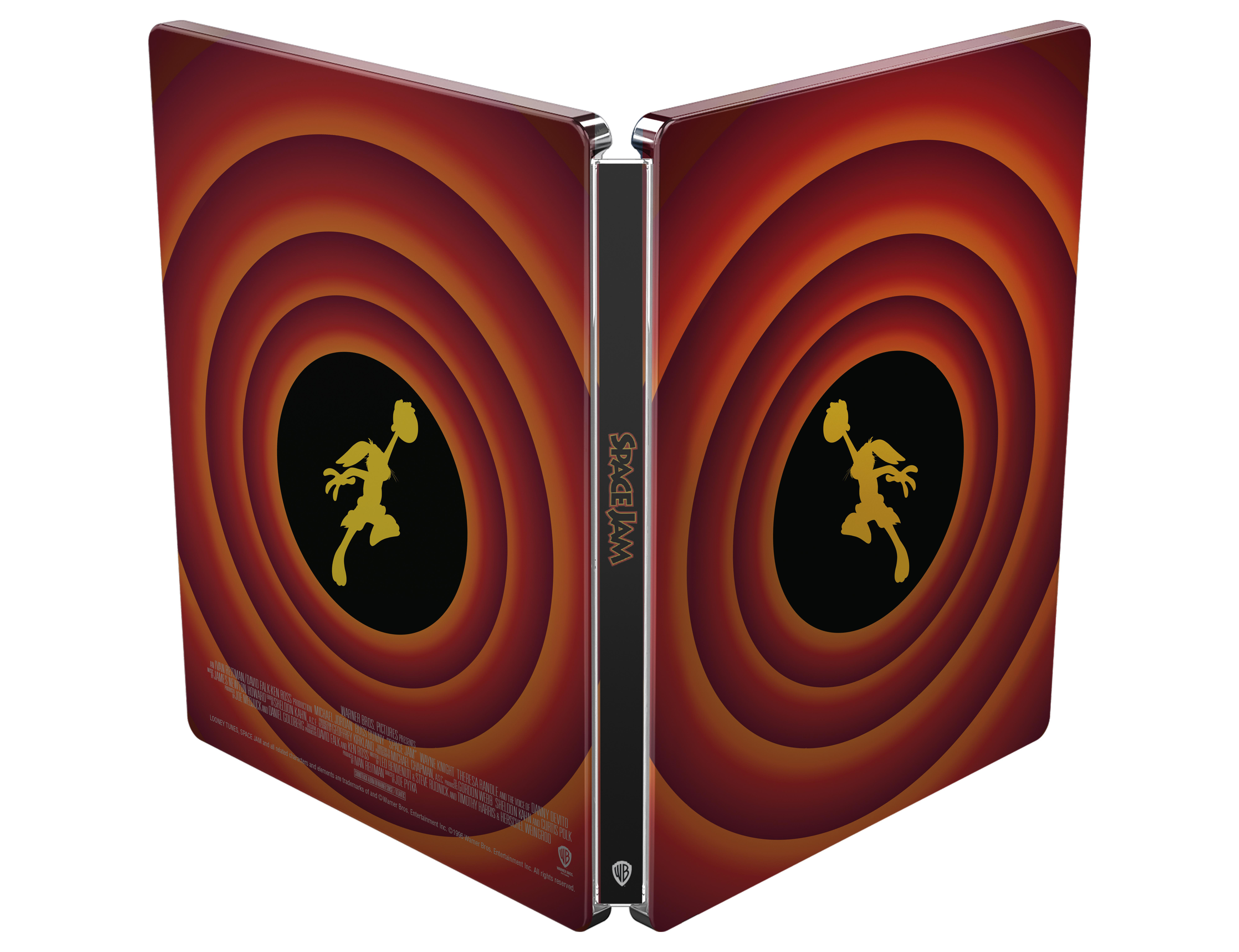 Eine offene Space Jam DVD-Hülle mit einem Looney Tunes-Design auf schwarzem Hintergrund.