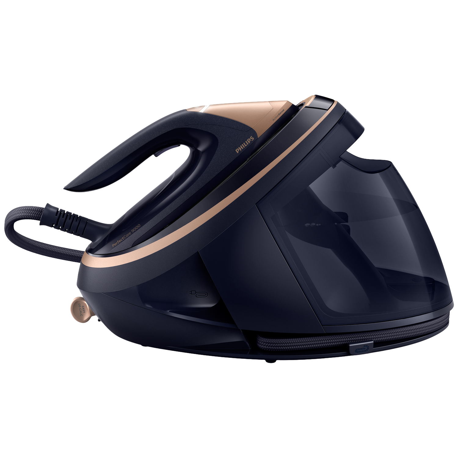 Een donkerblauw en roségouden Philips PerfectCare 9000 stoomstrijkijzer op een zwarte achtergrond.