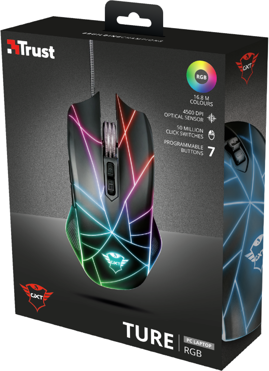 Fekete gamer egér dobozban. Az egér RGB világítással rendelkezik. 'Trust' és 'GXT' logó látható.